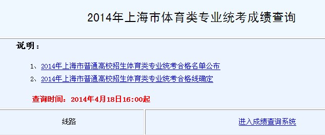 上海2014年体育类专业统考成绩查询入口